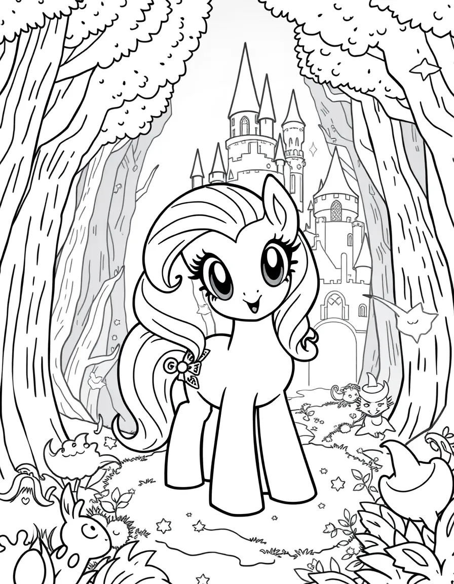 A fantasy background of Applejack in a magical forest or castle, with sparkles and mystical creatures.