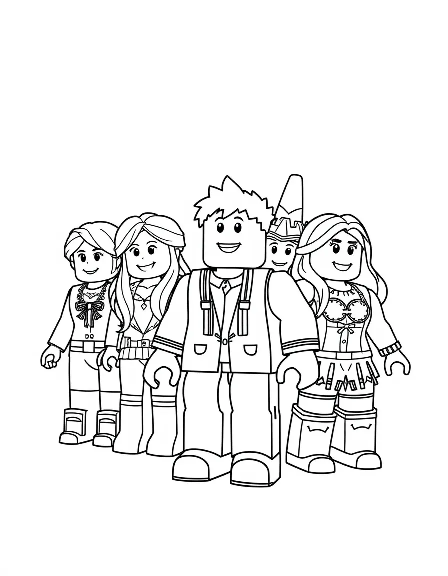 A group coloring page featuring Roblox with other characters from the same show or movie.