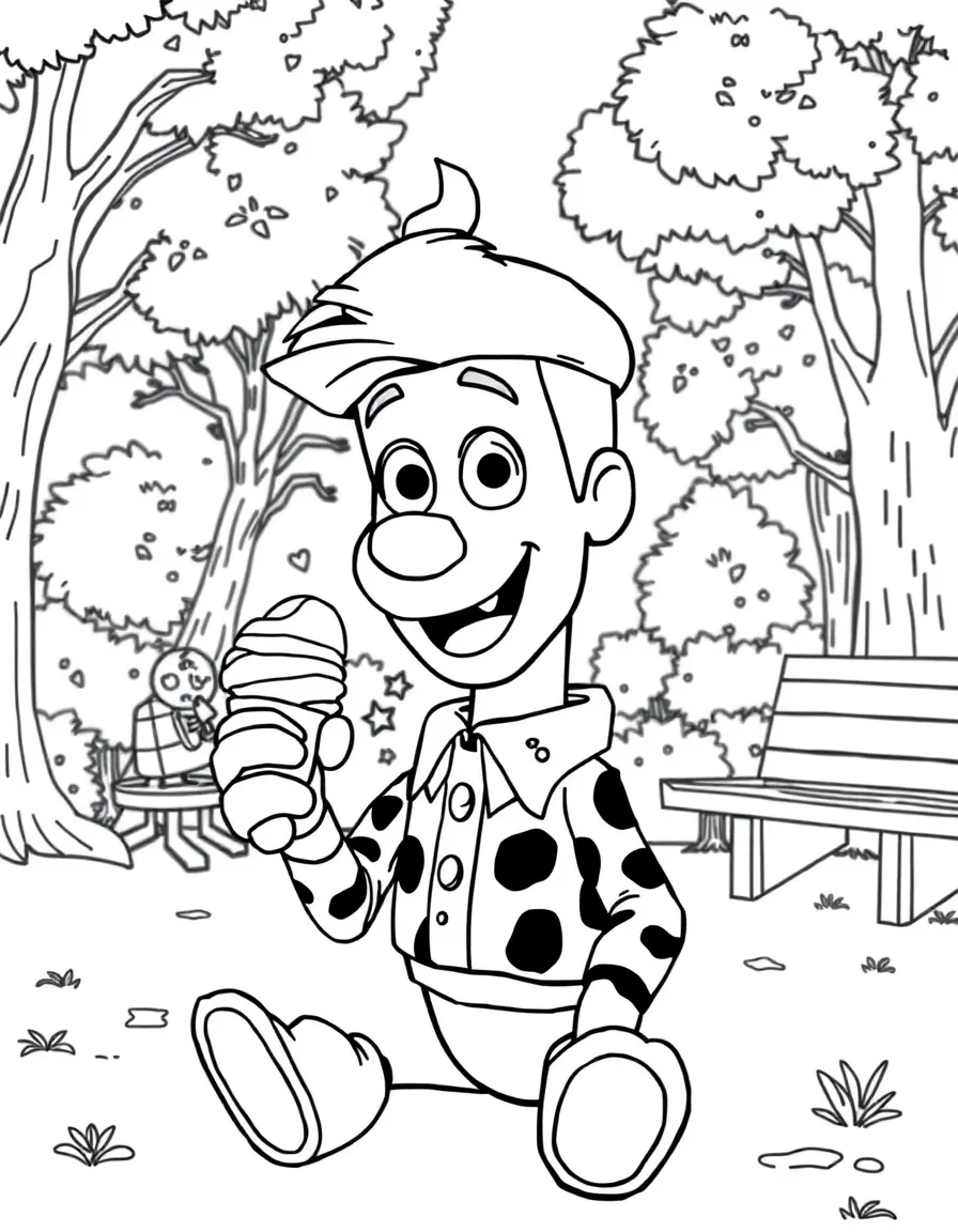Woody enjoying a day off, eating ice cream or playing with friends in a park setting.