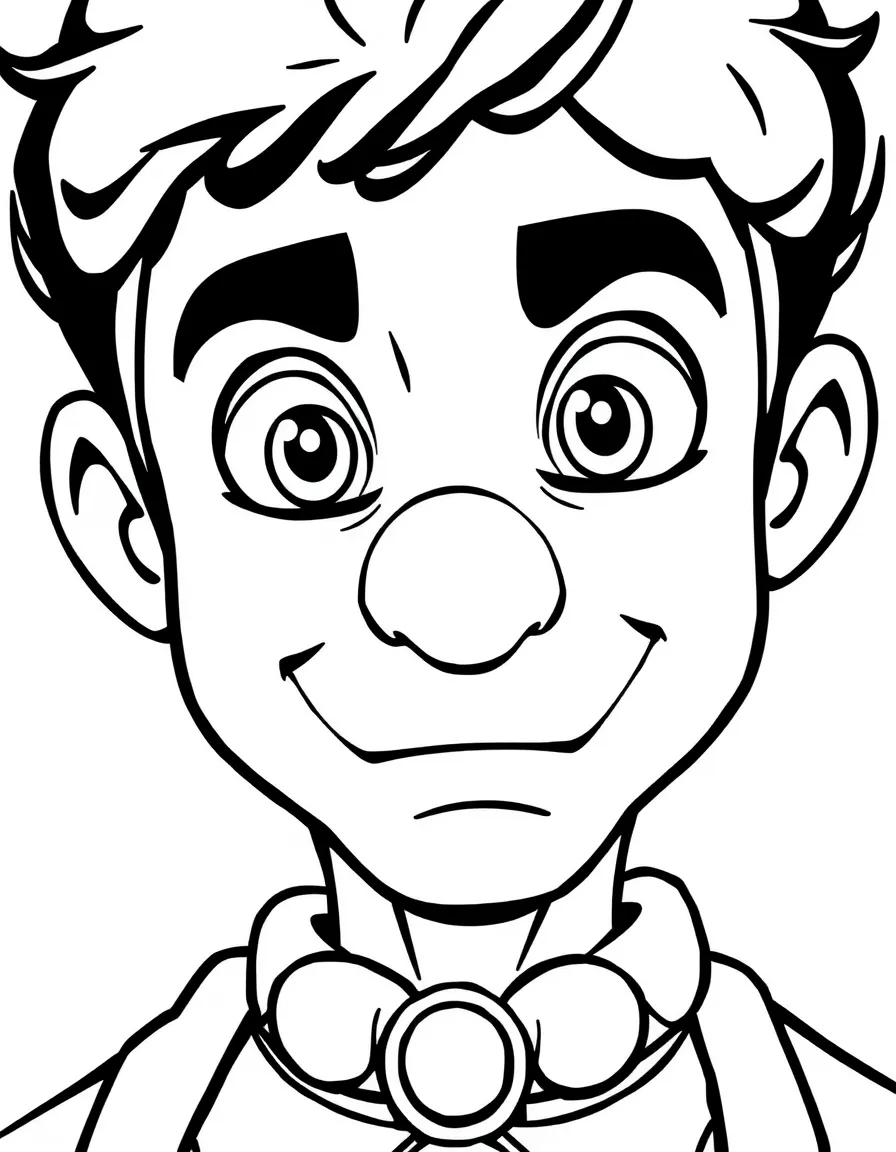A close-up of Bruno's face in bold lines with expressive eyes and detailed costume elements.