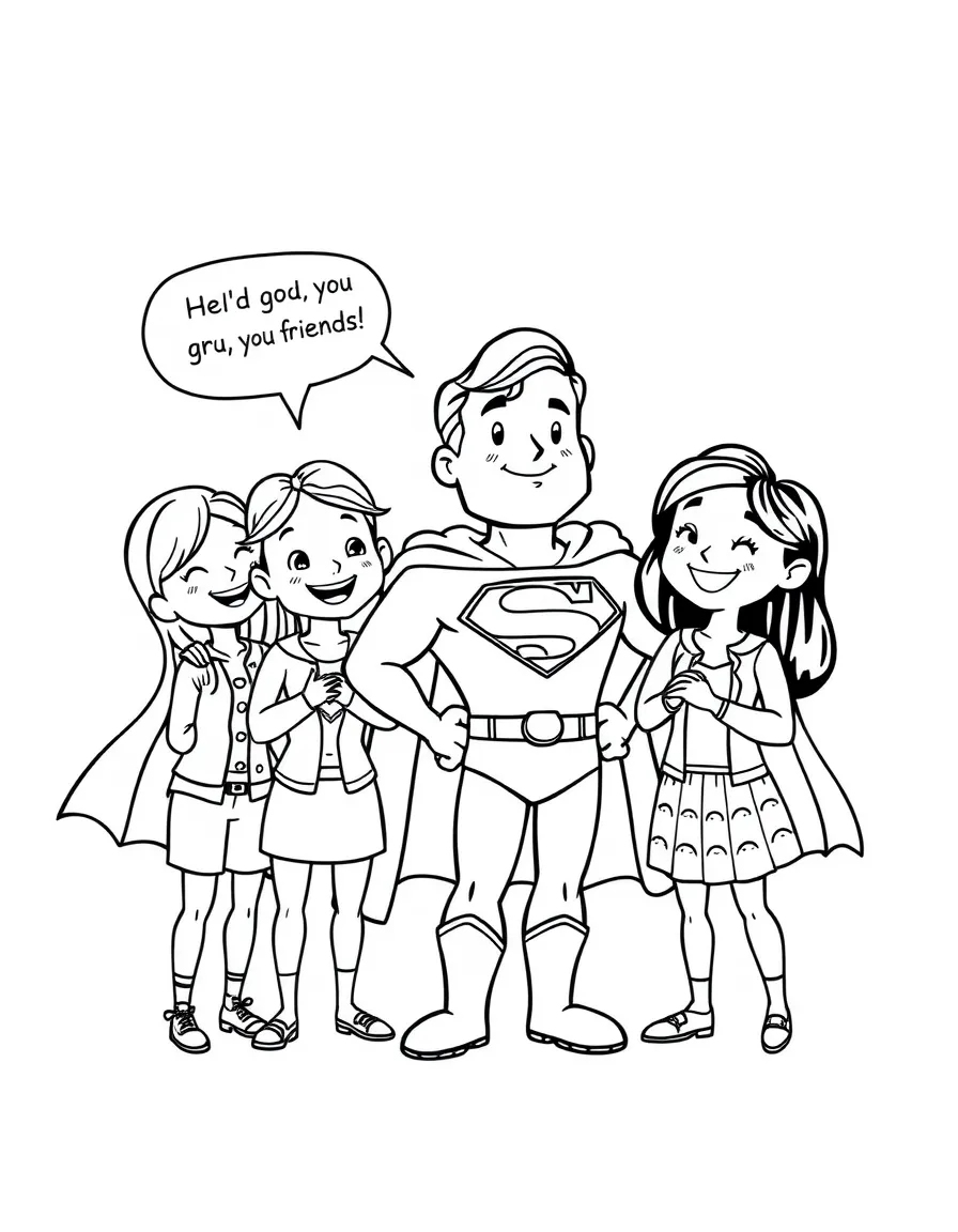 A cartoon-style drawing of Superman helping friends, with speech bubbles and cheerful faces.