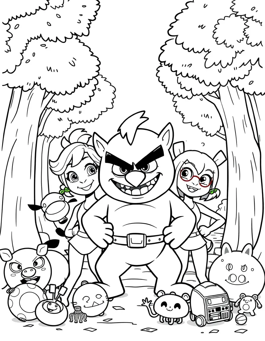 Anger smiling and posing with their sidekicks, surrounded by trees, toys, or fun backgrounds.