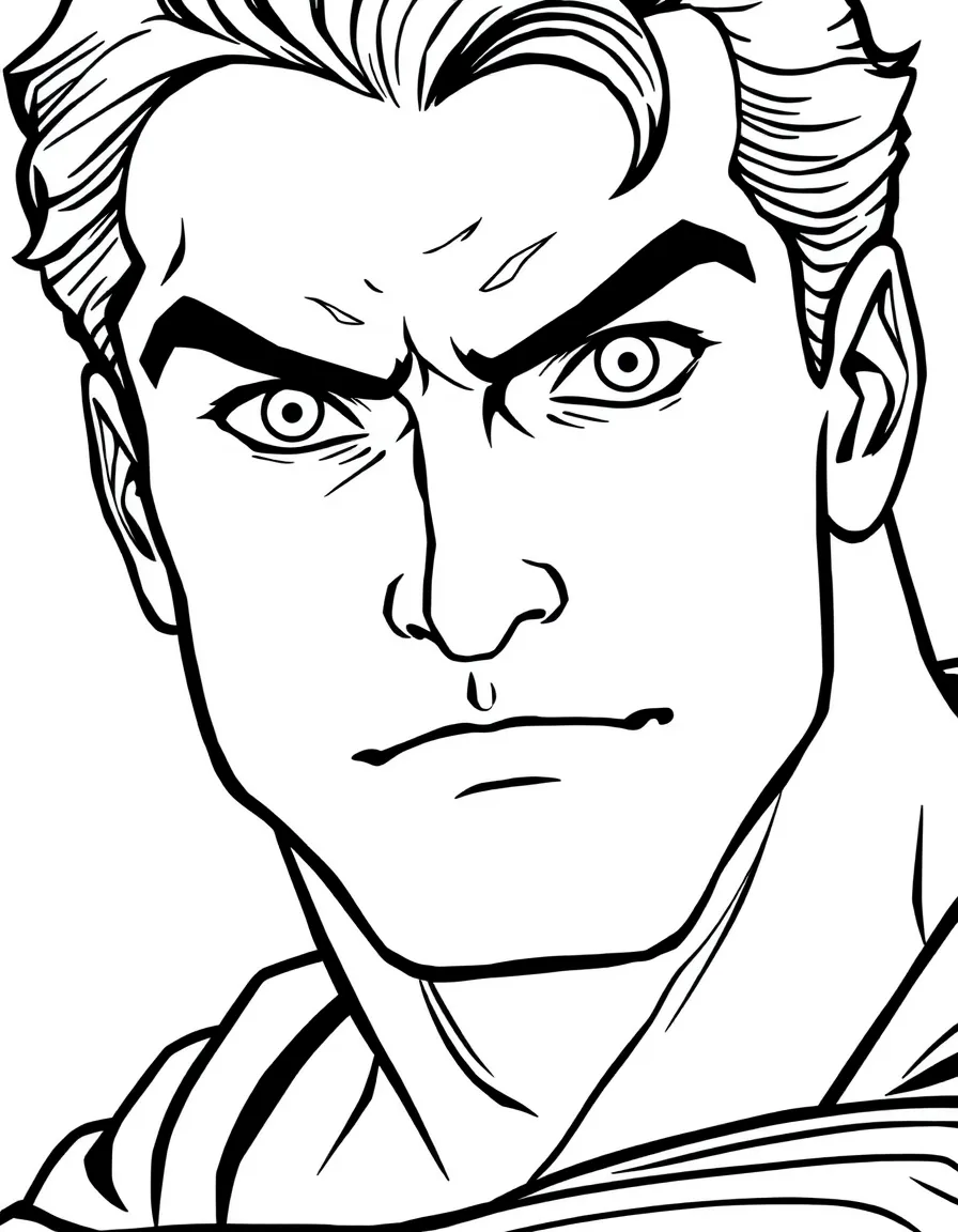 A close-up of Superman's face in bold lines with expressive eyes and detailed costume elements.