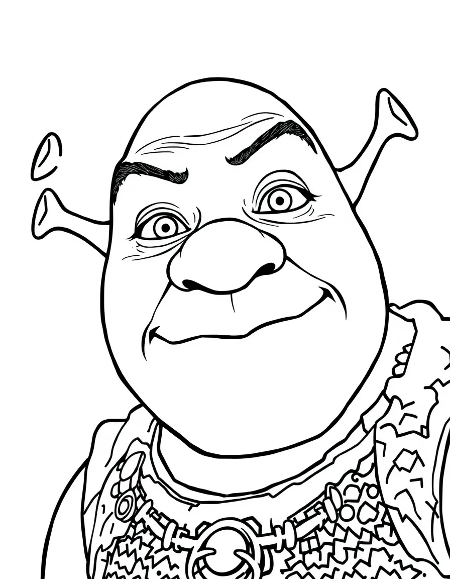 A close-up of Shrek's face in bold lines with expressive eyes and detailed costume elements.