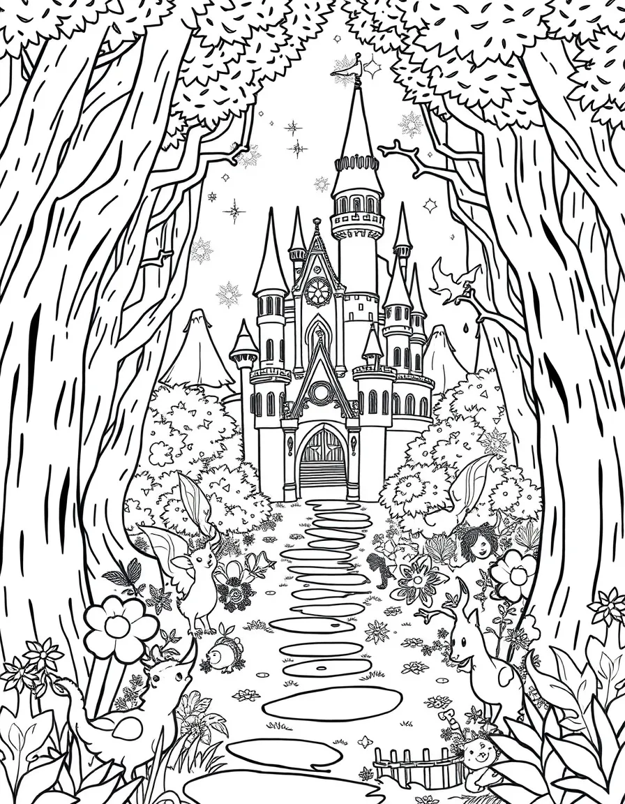 A fantasy background of Mirabel in a magical forest or castle, with sparkles and mystical creatures.