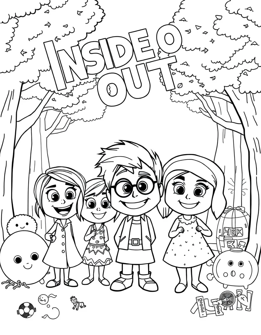 Inside Out smiling and posing with their sidekicks, surrounded by trees, toys, or fun backgrounds.