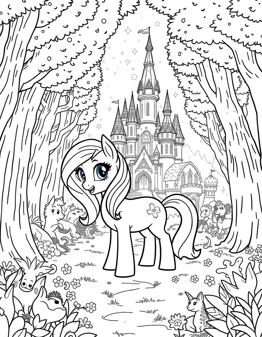 A fantasy background of My Little Pony in a magical forest or castle, with sparkles and mystical creatures.