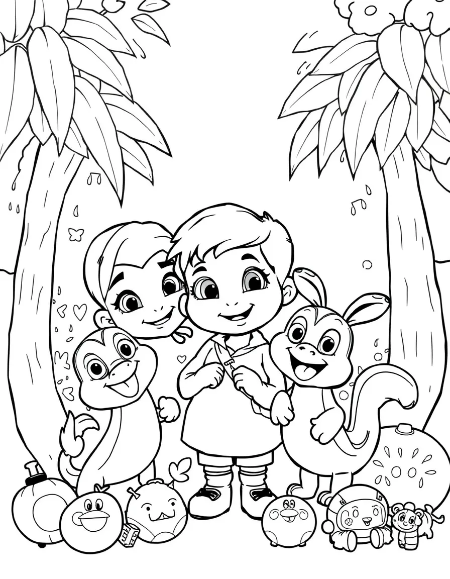 Coco smiling and posing with their sidekicks, surrounded by trees, toys, or fun backgrounds.