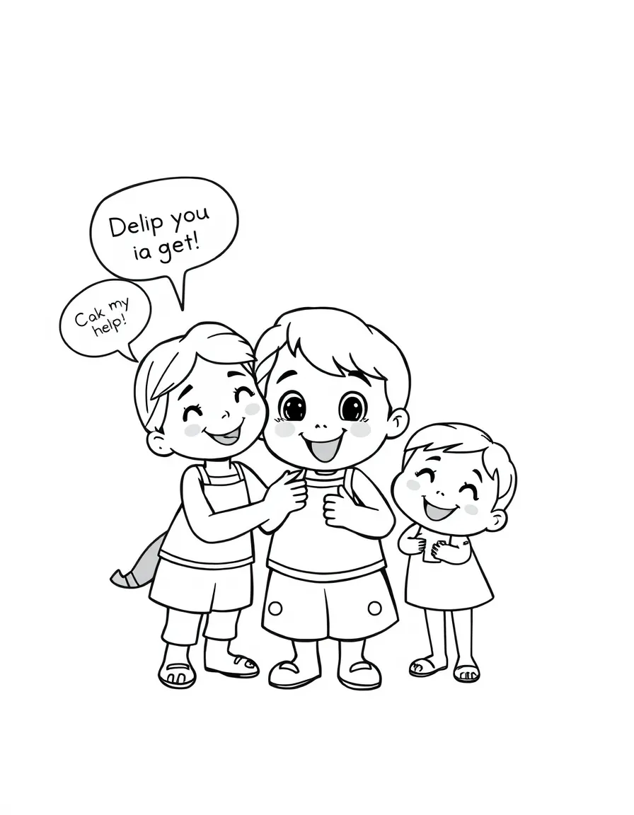 A cartoon-style drawing of Coco helping friends, with speech bubbles and cheerful faces.