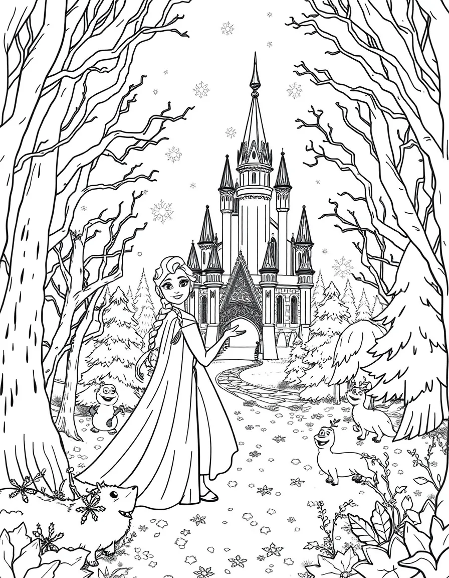 A fantasy background of Frozen in a magical forest or castle, with sparkles and mystical creatures.