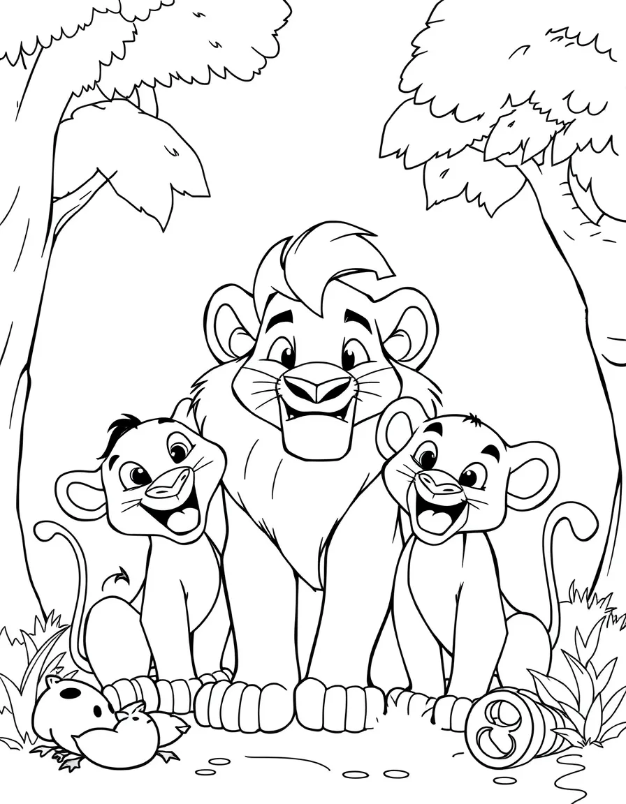 The Lion King smiling and posing with their sidekicks, surrounded by trees, toys, or fun backgrounds.