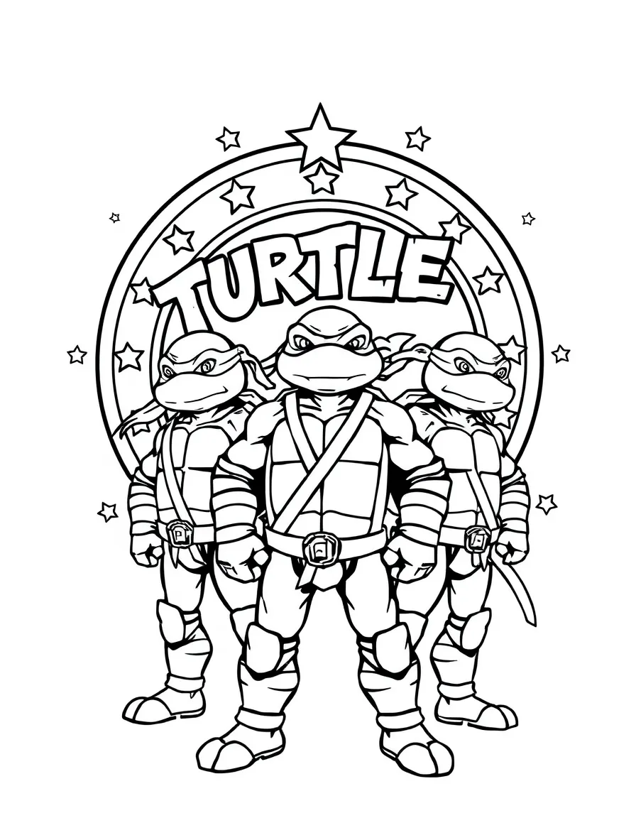 Teenage Mutant Ninja Turtles standing proudly in front of their iconic logo with stars and comic-style effects around.