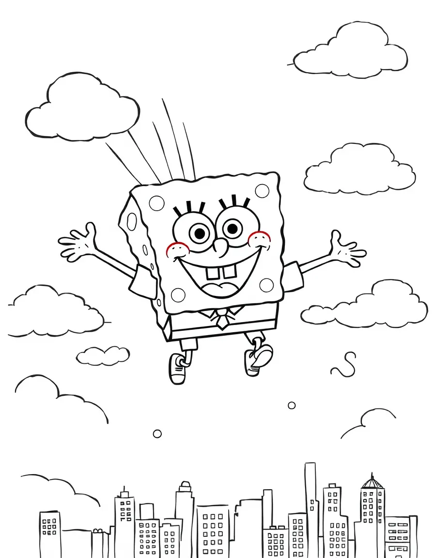 SpongeBob SquarePants flying through the clouds with a rainbow behind and city skyline below.