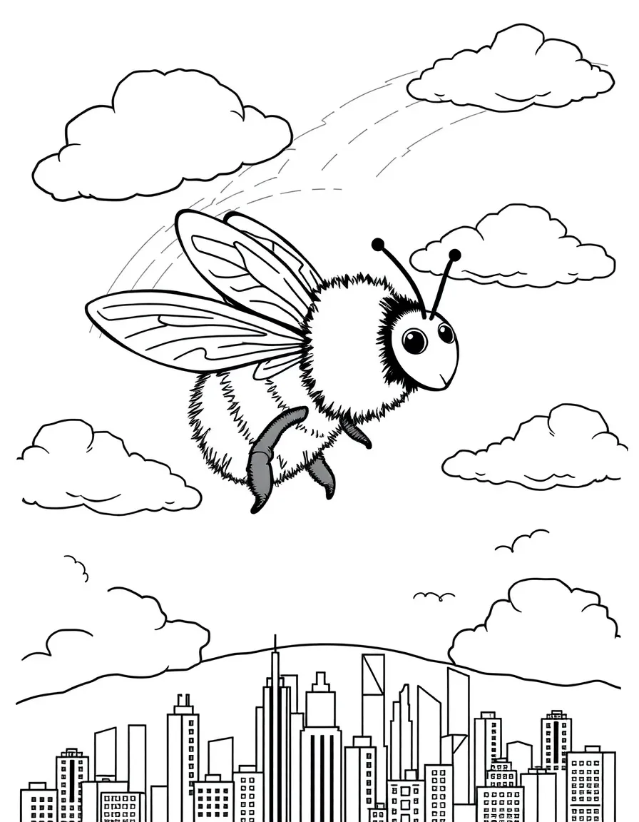 Bumblebee flying through the clouds with a rainbow behind and city skyline below.