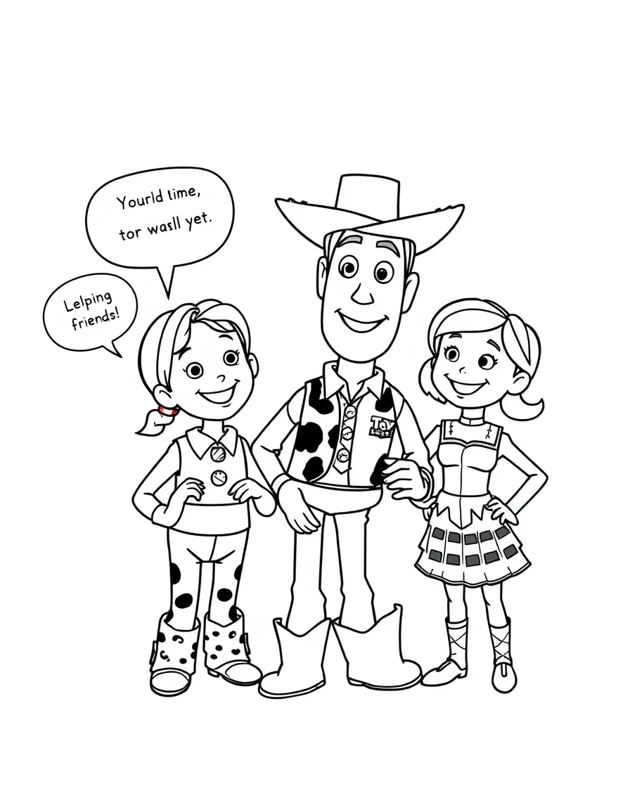 A cartoon-style drawing of Woody helping friends, with speech bubbles and cheerful faces.