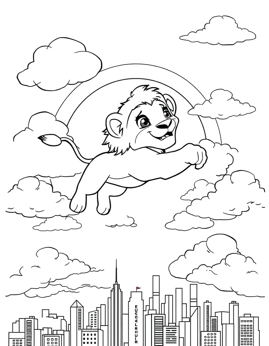 Simba flying through the clouds with a rainbow behind and city skyline below.