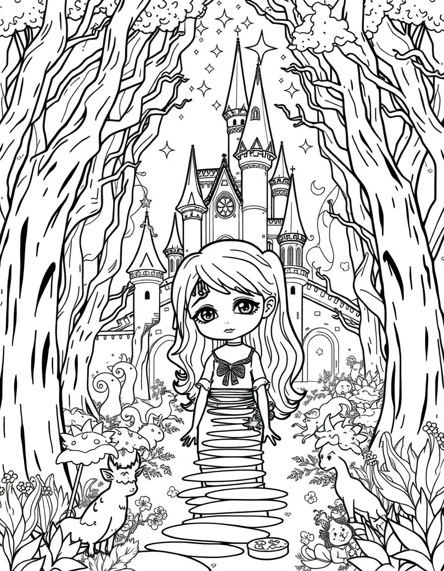 A fantasy background of Sadness in a magical forest or castle, with sparkles and mystical creatures.