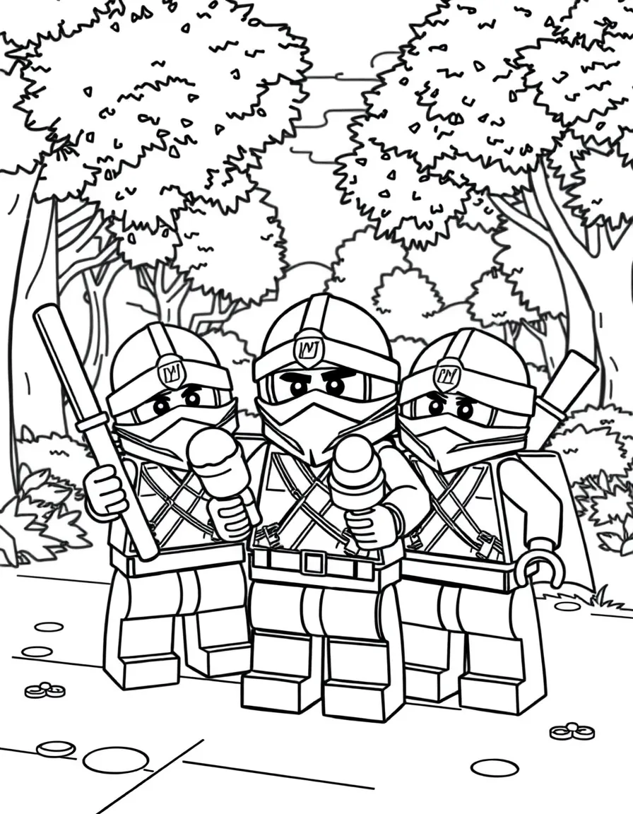 Lego Ninjago enjoying a day off, eating ice cream or playing with friends in a park setting.