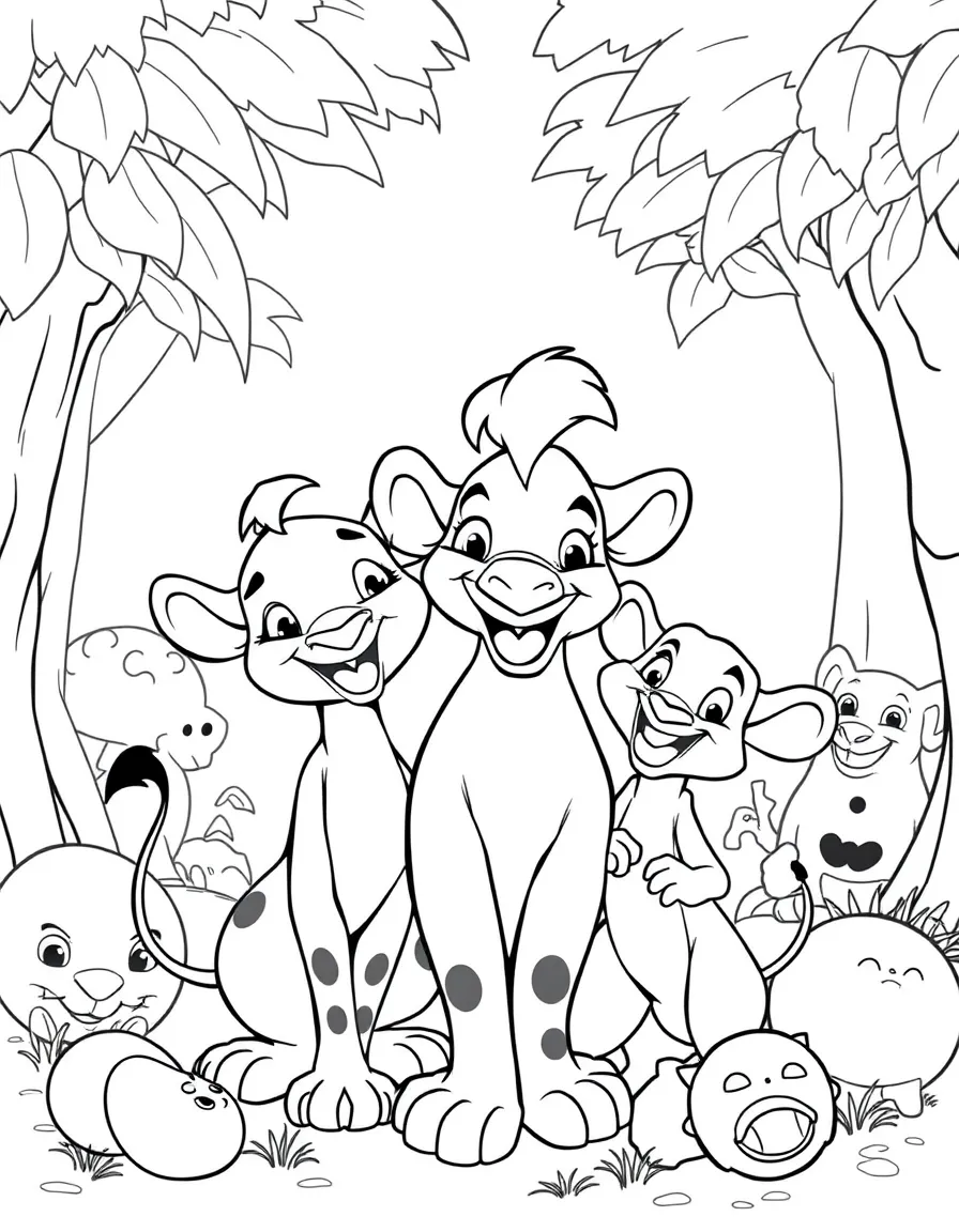 Pumbaa smiling and posing with their sidekicks, surrounded by trees, toys, or fun backgrounds.