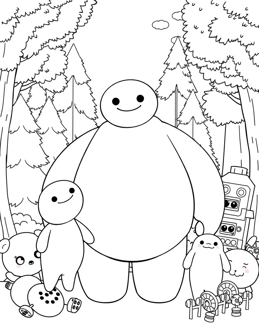 Baymax smiling and posing with their sidekicks, surrounded by trees, toys, or fun backgrounds.
