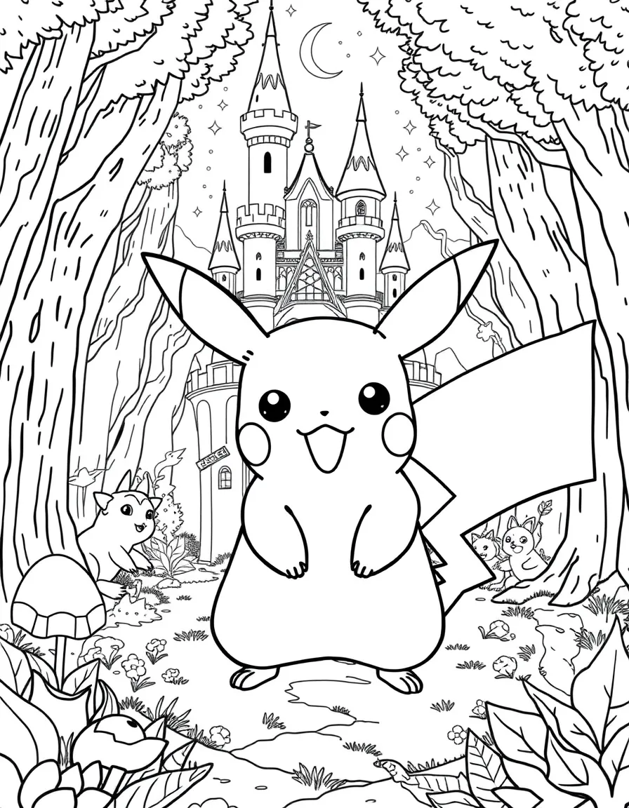 A fantasy background of Pikachu in a magical forest or castle, with sparkles and mystical creatures.