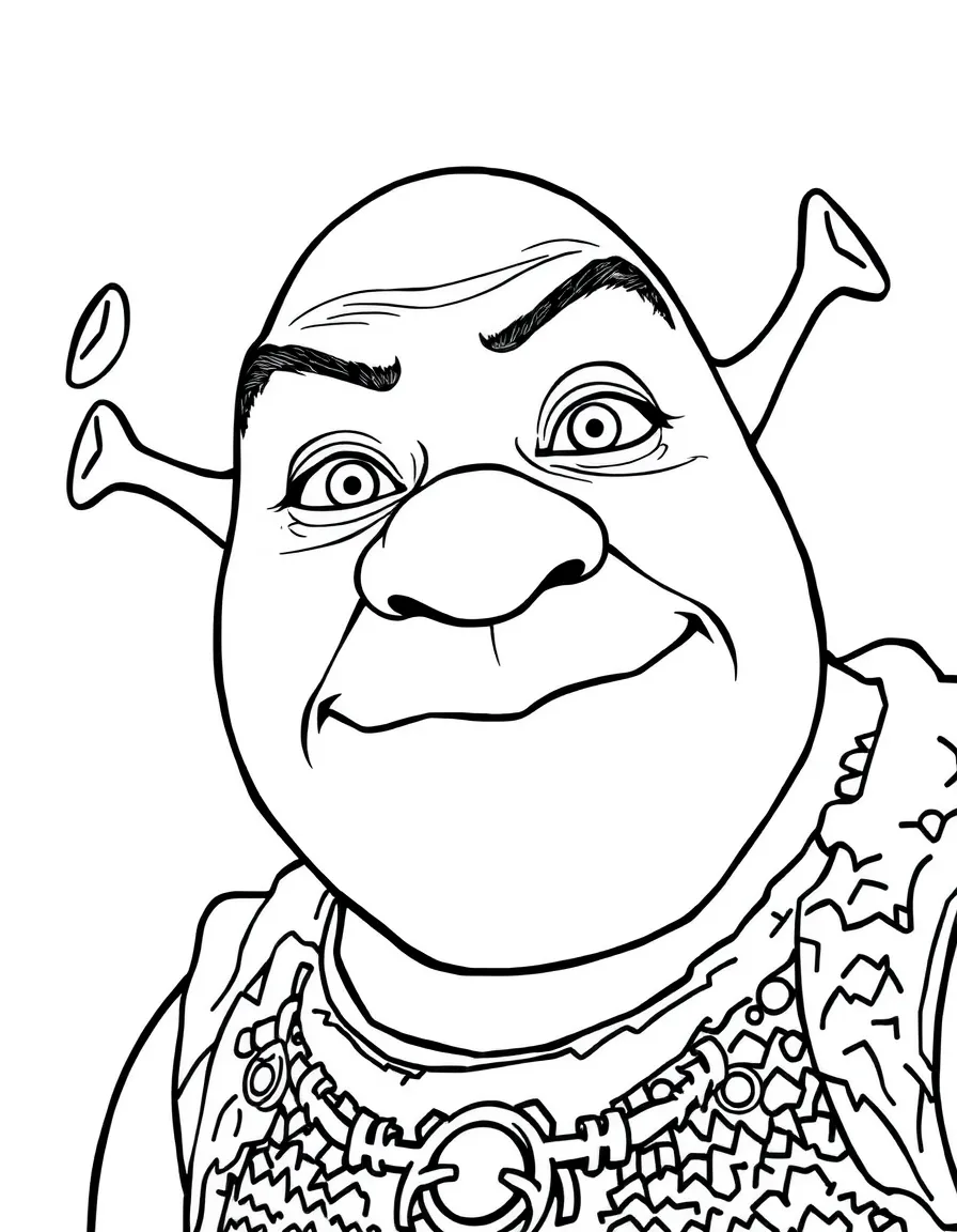 A close-up of Shrek's face in bold lines with expressive eyes and detailed costume elements.