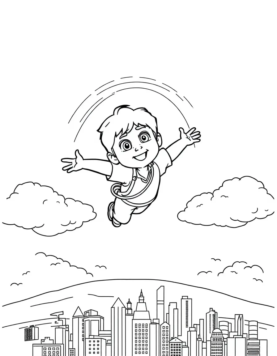Diego flying through the clouds with a rainbow behind and city skyline below.
