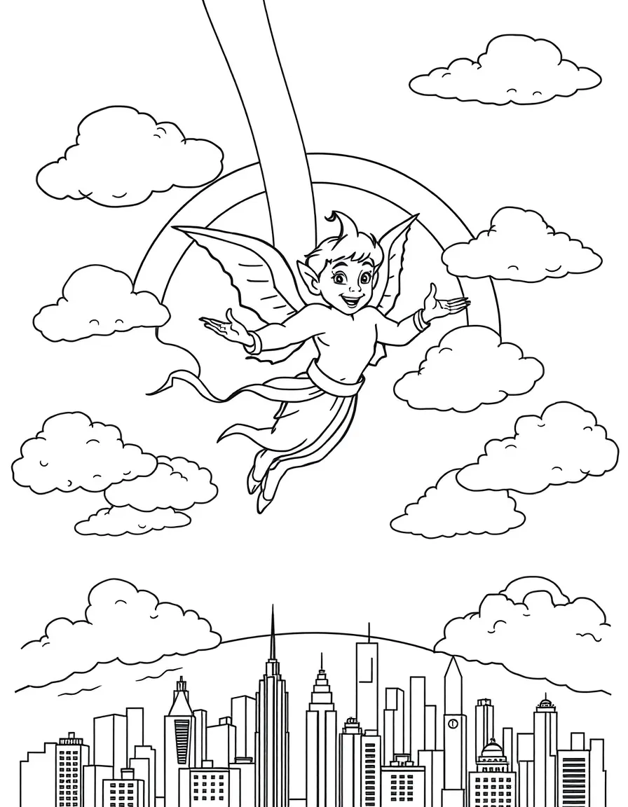Genie flying through the clouds with a rainbow behind and city skyline below.