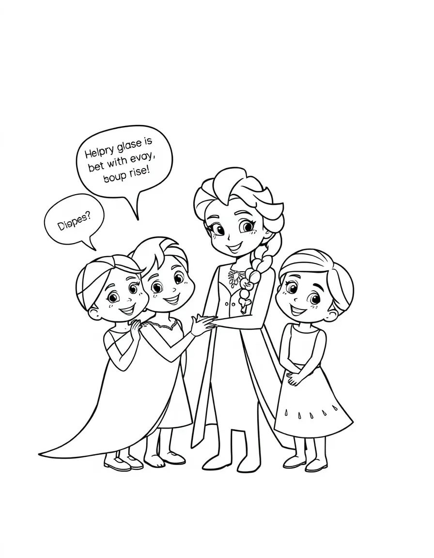A cartoon-style drawing of Elsa helping friends, with speech bubbles and cheerful faces.