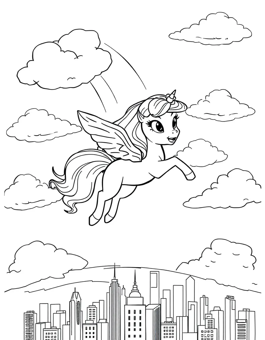 Fiona flying through the clouds with a rainbow behind and city skyline below.