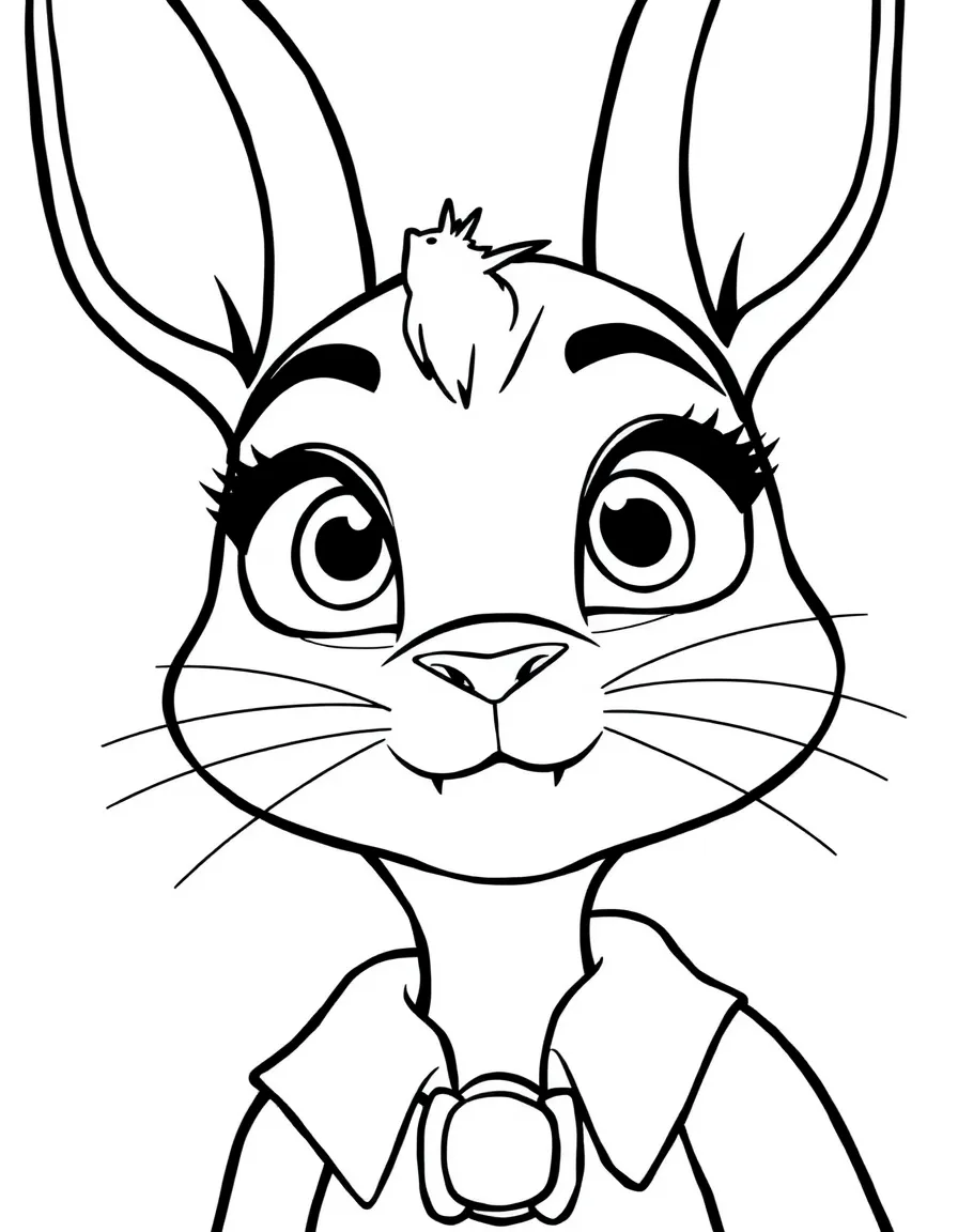 A close-up of Judy Hopps's face in bold lines with expressive eyes and detailed costume elements.