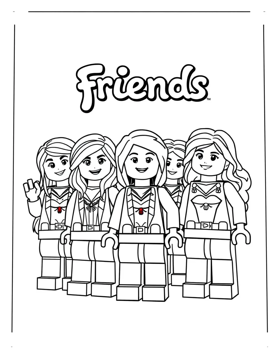 A group coloring page featuring Lego Friends with other characters from the same show or movie.