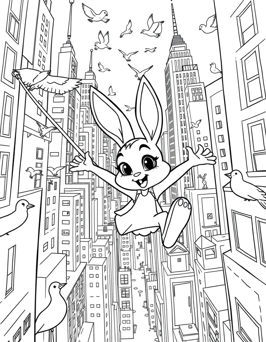A fun and detailed coloring page of Judy Hopps swinging through a city full of tall buildings and birds.