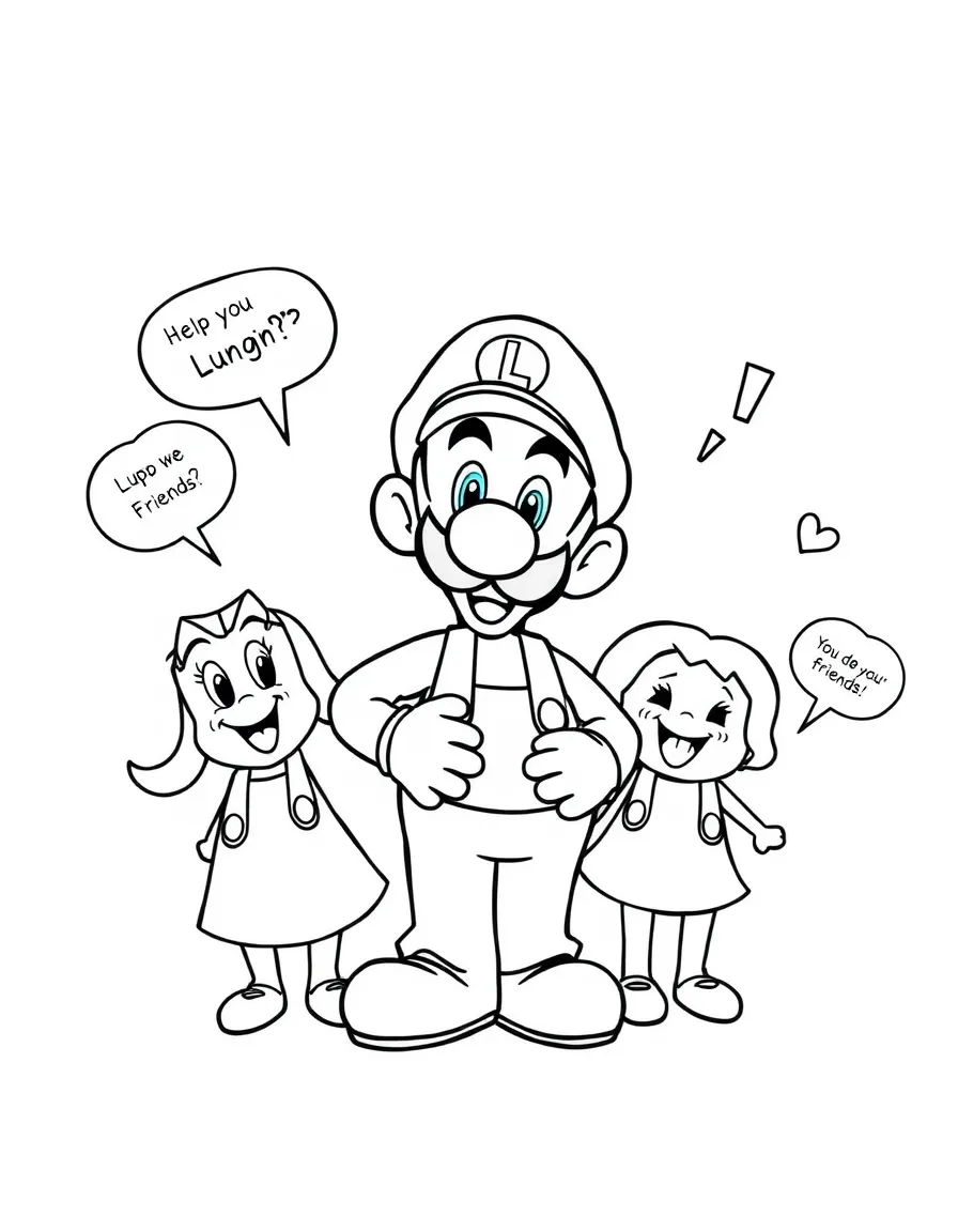 A cartoon-style drawing of Luigi helping friends, with speech bubbles and cheerful faces.