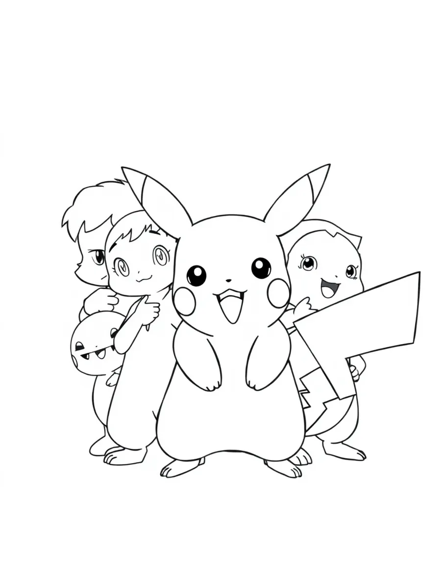 A group coloring page featuring Pikachu with other characters from the same show or movie.