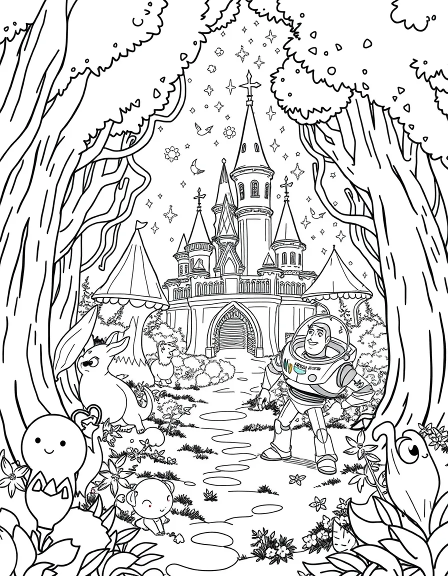 A fantasy background of Toy Story in a magical forest or castle, with sparkles and mystical creatures.