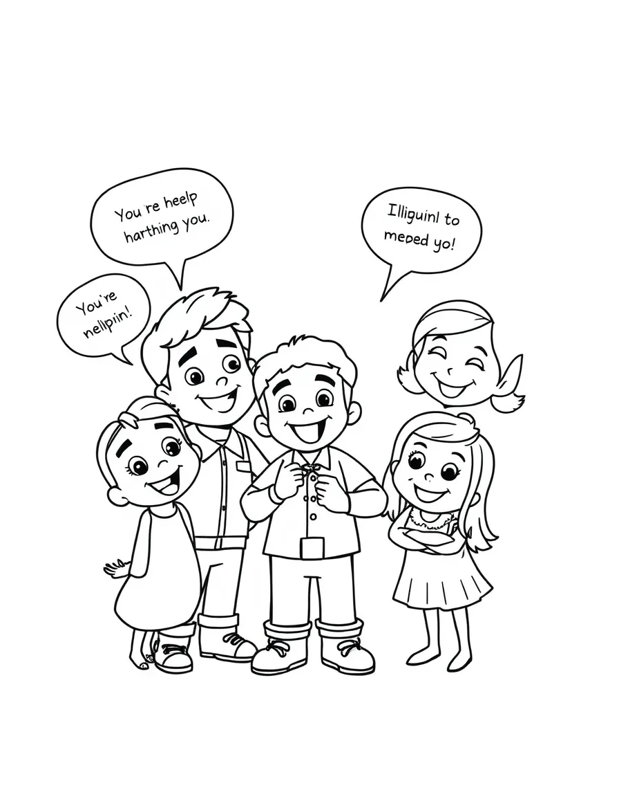A cartoon-style drawing of Miguel helping friends, with speech bubbles and cheerful faces.