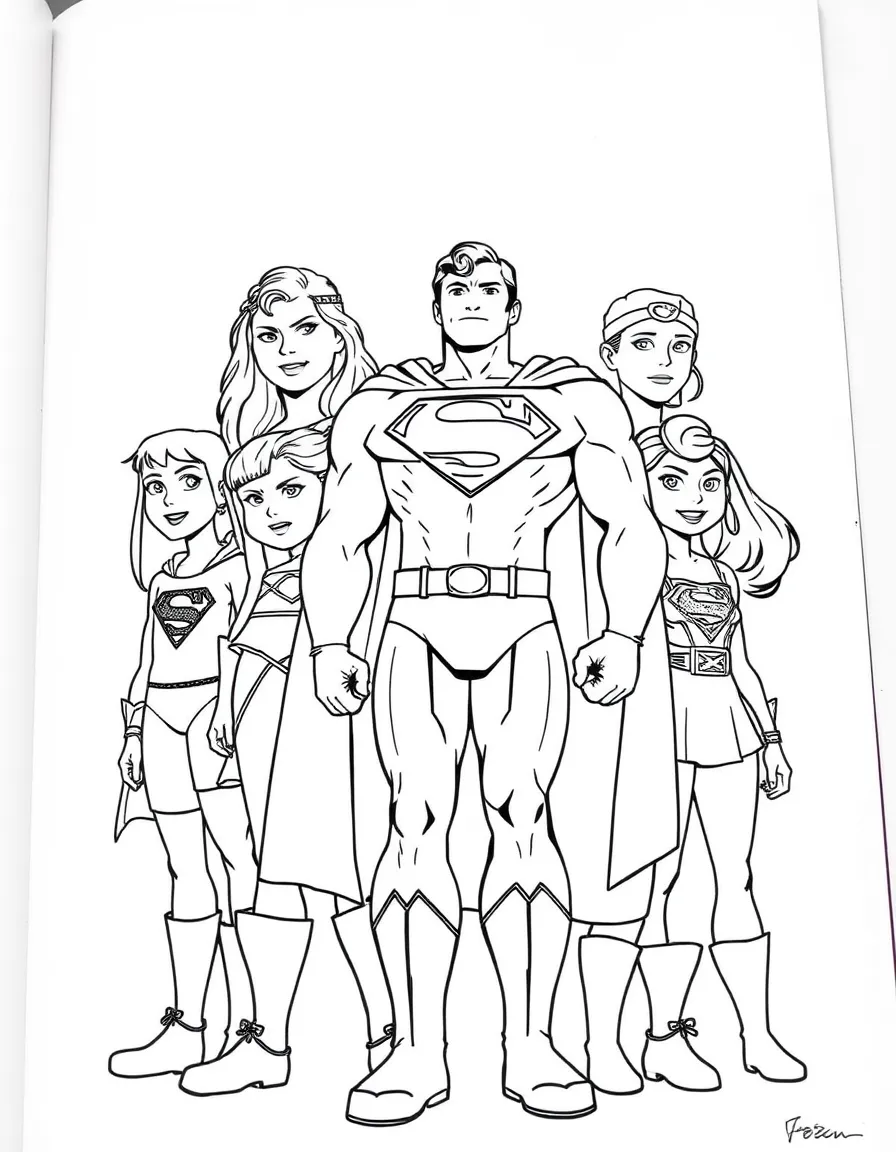 A group coloring page featuring Superman with other characters from the same show or movie.