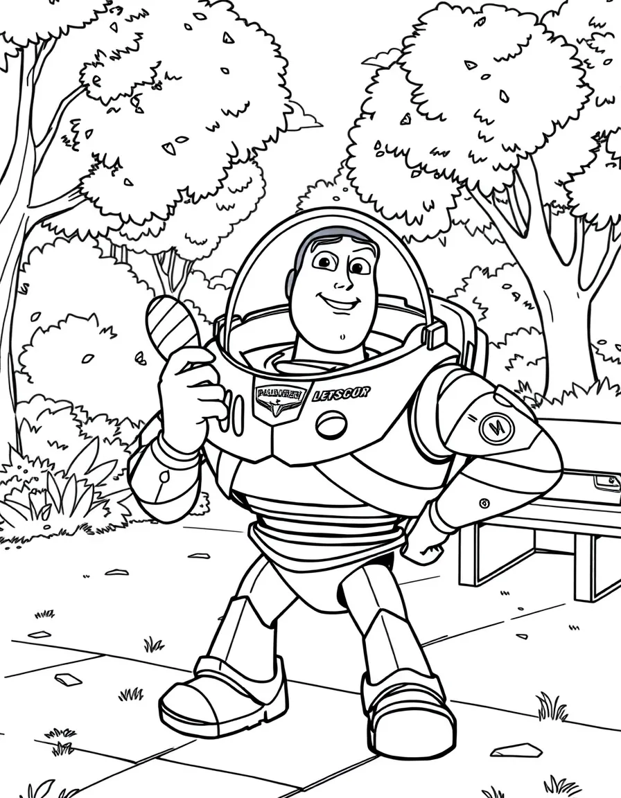 Buzz Lightyear enjoying a day off, eating ice cream or playing with friends in a park setting.