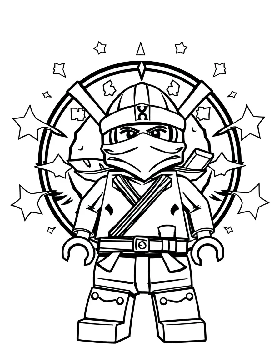 Lego Ninjago standing proudly in front of their iconic logo with stars and comic-style effects around.