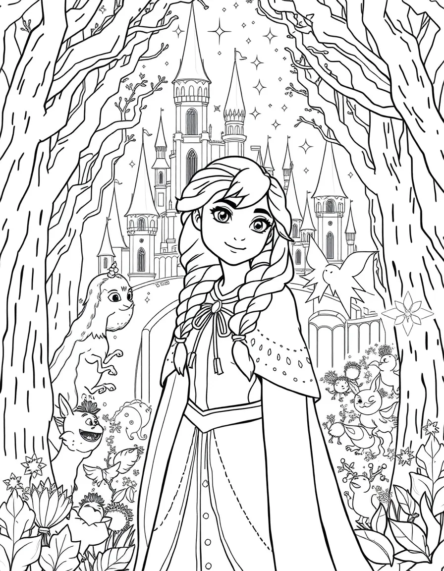 A fantasy background of Anna in a magical forest or castle, with sparkles and mystical creatures.
