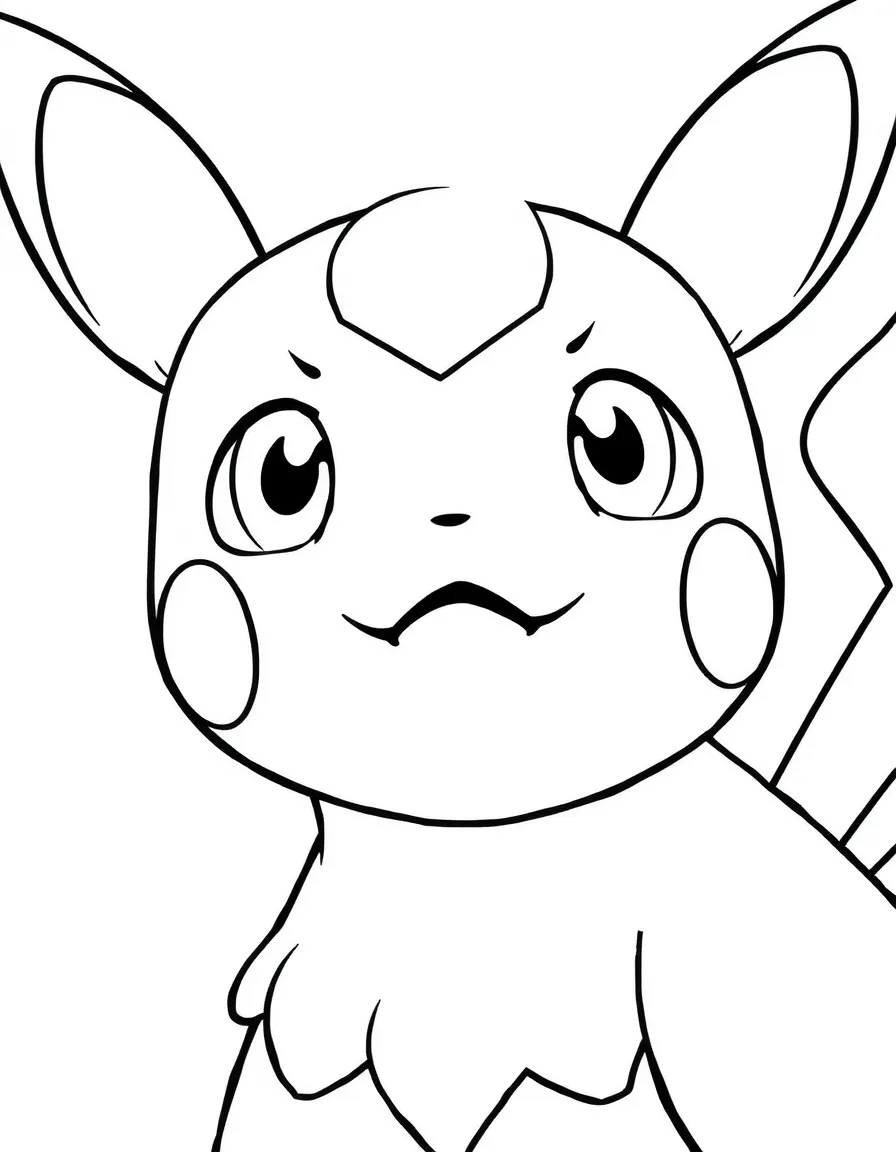 A close-up of Pokemon's face in bold lines with expressive eyes and detailed costume elements.
