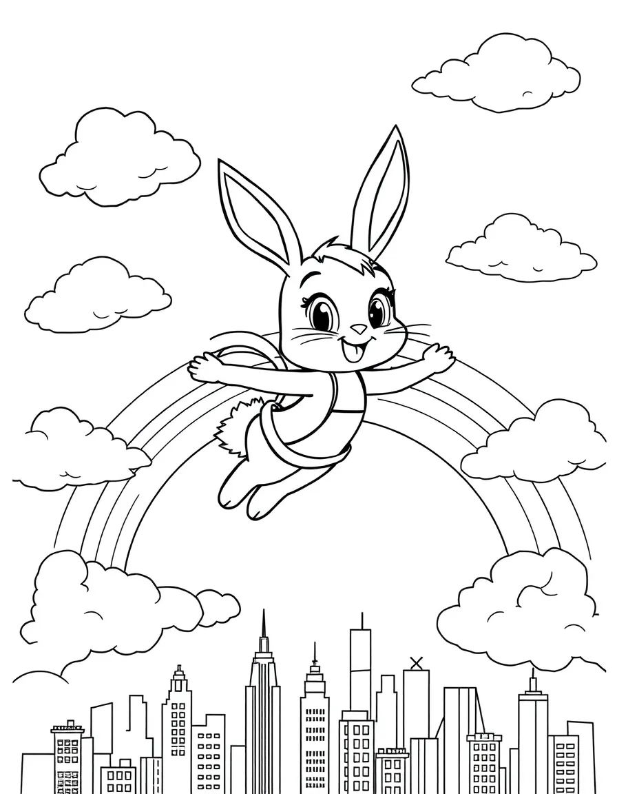 Judy Hopps flying through the clouds with a rainbow behind and city skyline below.
