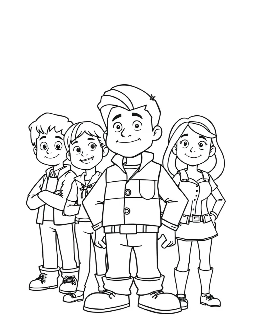 A group coloring page featuring Steve with other characters from the same show or movie.