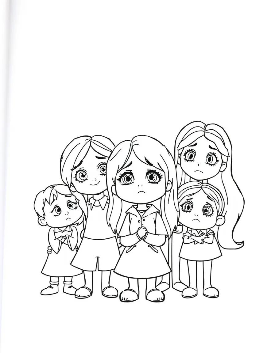A group coloring page featuring Sadness with other characters from the same show or movie.