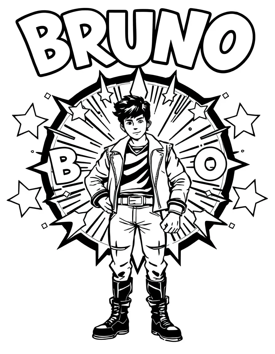 Bruno standing proudly in front of their iconic logo with stars and comic-style effects around.