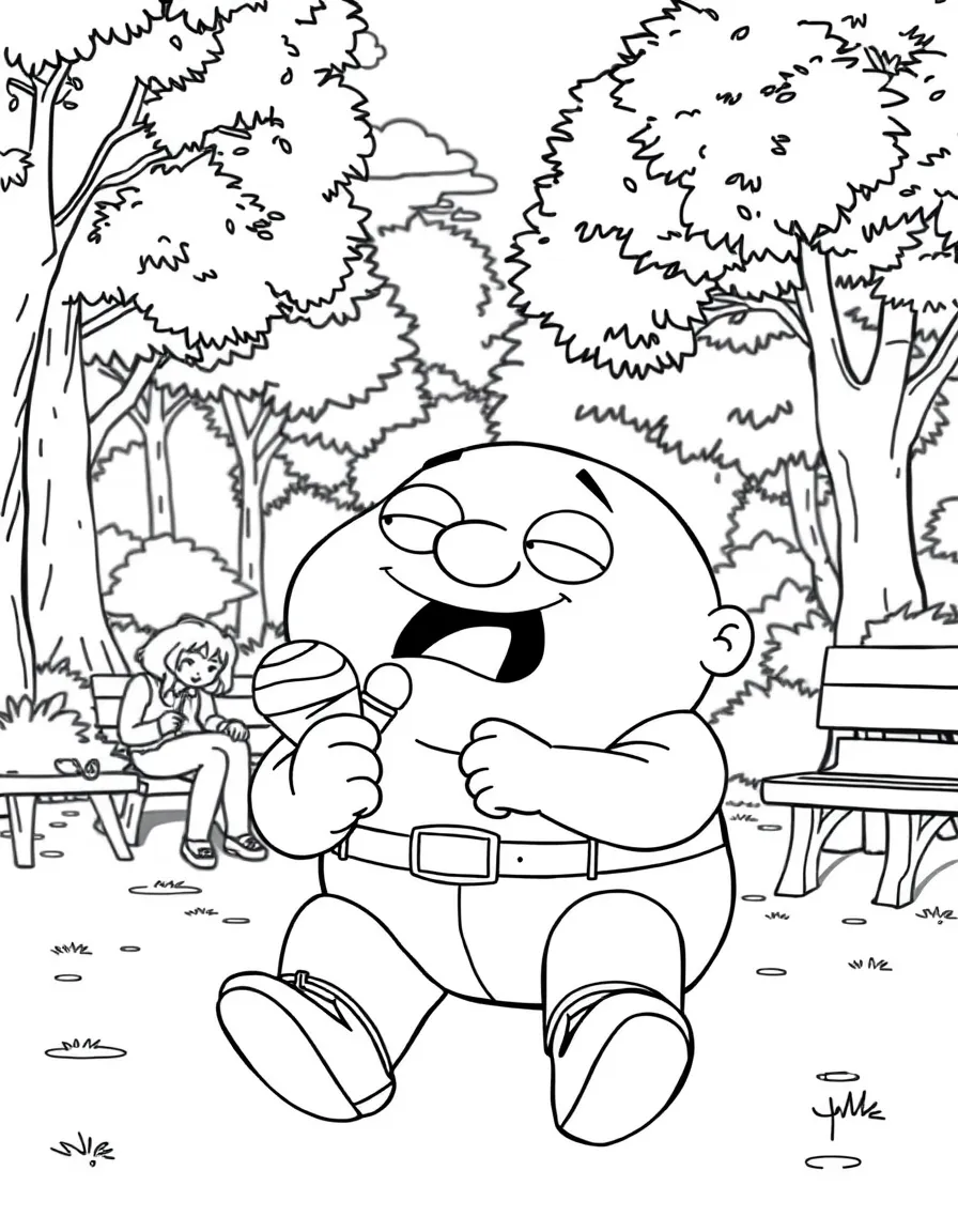 Gru enjoying a day off, eating ice cream or playing with friends in a park setting.