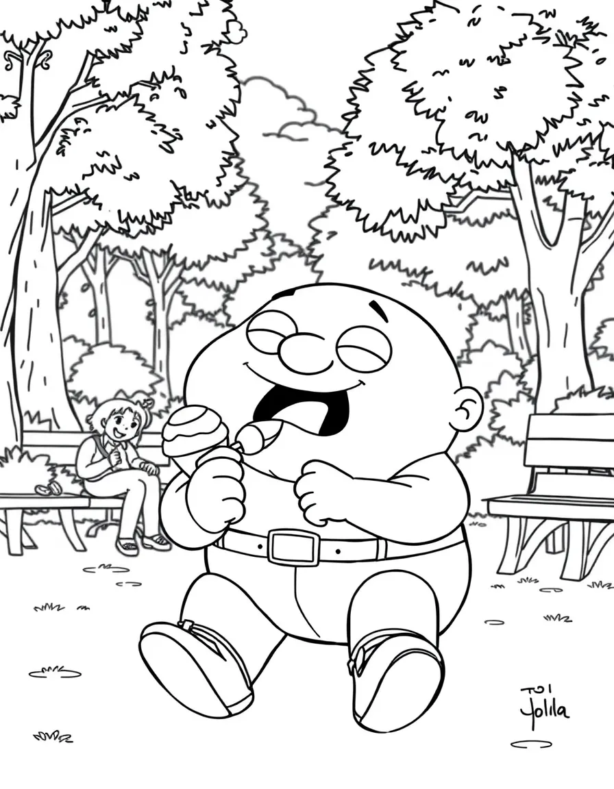 Gru enjoying a day off, eating ice cream or playing with friends in a park setting.