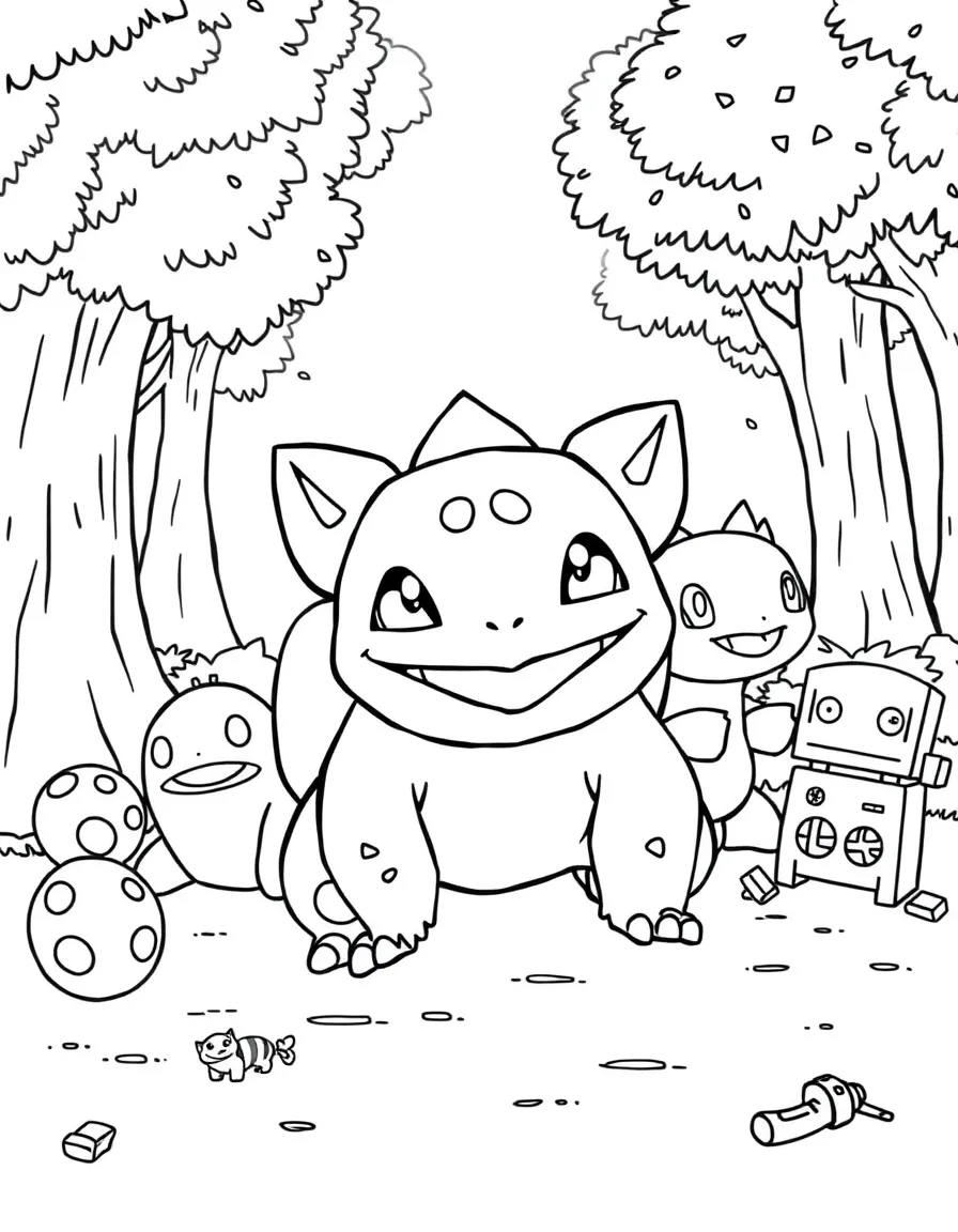 Bulbasaur smiling and posing with their sidekicks, surrounded by trees, toys, or fun backgrounds.