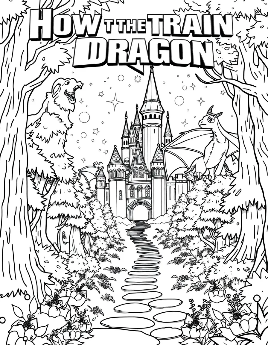 A fantasy background of How to Train Your Dragon in a magical forest or castle, with sparkles and mystical creatures.